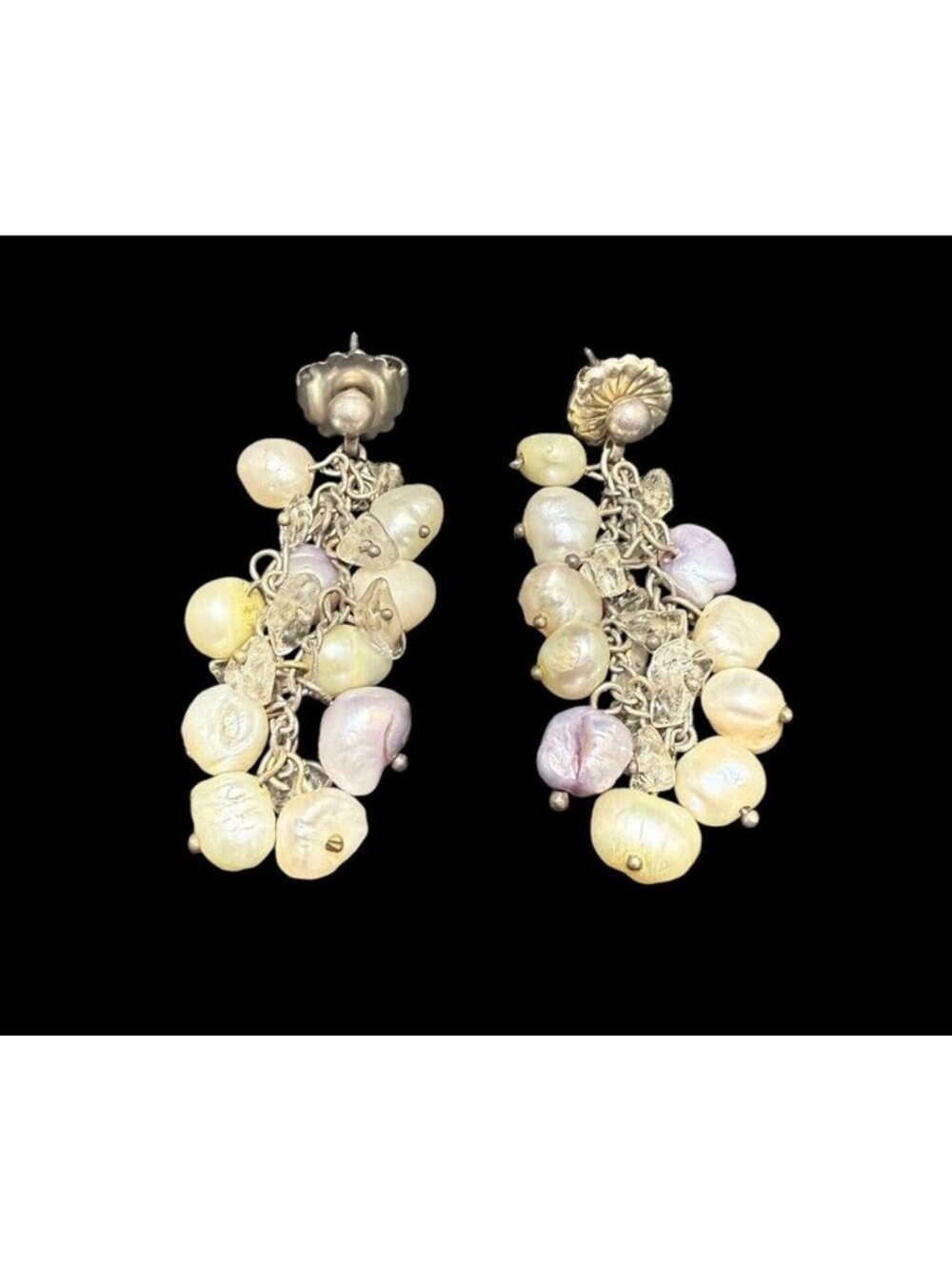 Vintage Sterling Silver Cultured Pearl Crystal Cluster Earrings Dangle